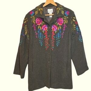 Vintage Women's Linea by Louis Dell'Olio Green‎ Floral Embroidered Coat Size L